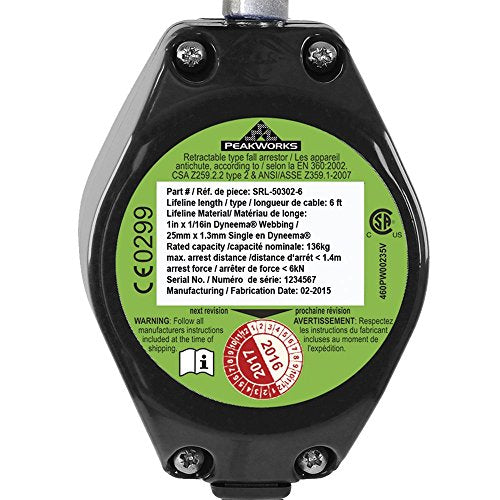 PeakWorks V845523006LE - Snap Hook 6' (1.8 m) 1" (25 mm) Webbing - Aluminum Housing, Type 2 -Leading Edge Self-Retracting Lifelines (SRL) - Fall Protection - Proindustrialequipment