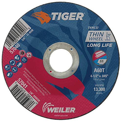 Weiler 57041 Rueda de corte delgada tipo tigre 27 de 4-1/2" x 0.045", A60T, 7/8" AH (paquete de 25)
