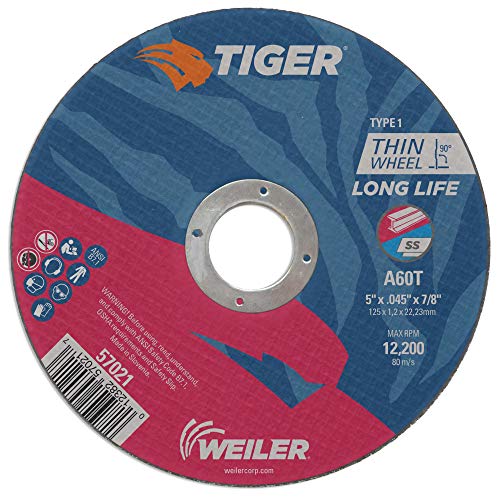 Weiler 57021 Rueda de corte fina Tiger tipo 1 de 5" x 0,045", A60T, 7/8" AH (paquete de 25)