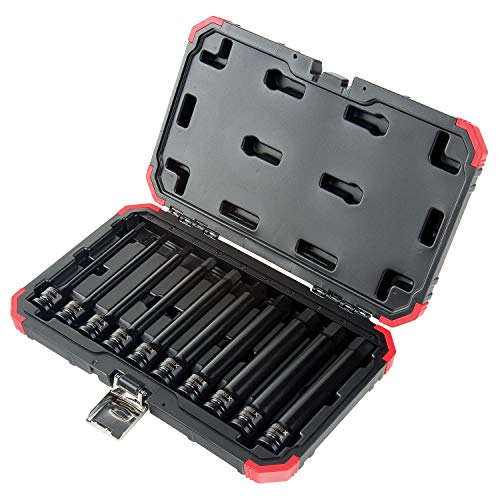 Sunex 2639L, entraînement ½", jeu de tournevis hexagonaux à impact métrique de 6" de long, 10 pièces, 6 mm - 19 mm, acier Cr-Mo, marquages double taille, étui de rangement robuste, conforme aux normes ANSI