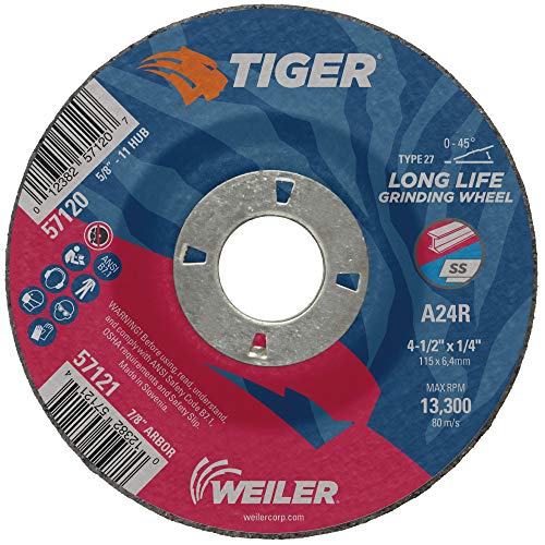 Weiler 57121 Muela abrasiva Tiger tipo 27 de 4-1/2" x 1/4", A24R, 7/8" AH (paquete de 10)