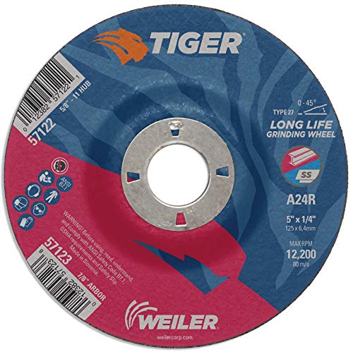 Weiler 57123 Muela abrasiva Tiger tipo 27 de 5" x 1/4", A24R, 7/8" AH (paquete de 10)