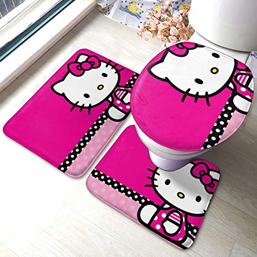 Hello Kitty Bathroom Rugs 3pc Non Slip Washable Bath Rugs, Contour Mat and Toilet Lid Cover Set