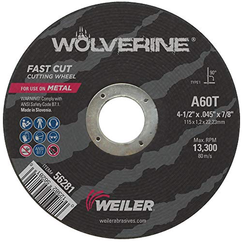 Weiler 56281 Wolverine eje de 7/8", grosor de 0,045", diámetro de 4 1/2", grano A60T, rueda de corte pequeña tipo 1