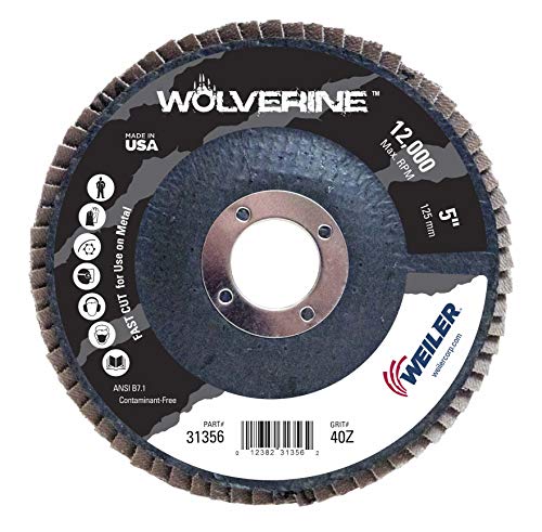 Weiler 31356 Wolverine Disco de solapa abrasivo con agujero de árbol de 4-1/2" x 7/8", alúmina de circonita de grano 40, tipo biselado 29, respaldo fenólico, densidad estándar, fabricado en los Estados Unidos, (paquete de 1)