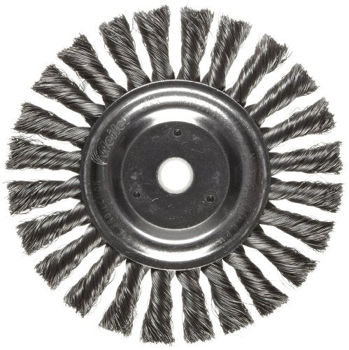 Cepillo de rueda de alambre estándar Weiler Dualife, orificio redondo, acero, anudado por torsión parcial, diámetro de 6", diámetro de alambre de 0.0118", eje de 5/8-1/2", longitud de cerdas de 1-3/8", cara de cepillo de 1/2" Ancho, 9000 RPM