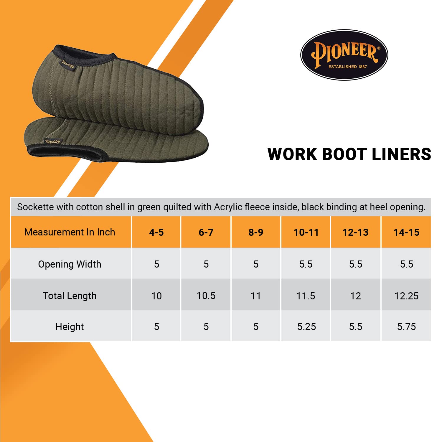 Pioneer V4800410-14 Insulated Work Boot Liners - Sockette for Rubber Plastic and Work Boots, 14