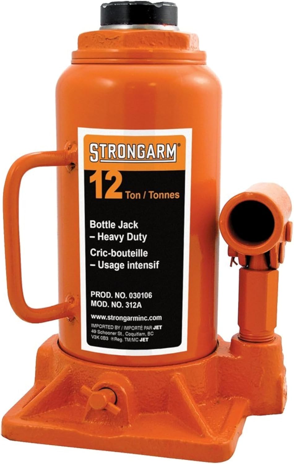 Strongarm Professional Heavy-Duty 12 Ton Hydraulic Standard Bottle Jack - Car, Fleet, Industrial, 30106