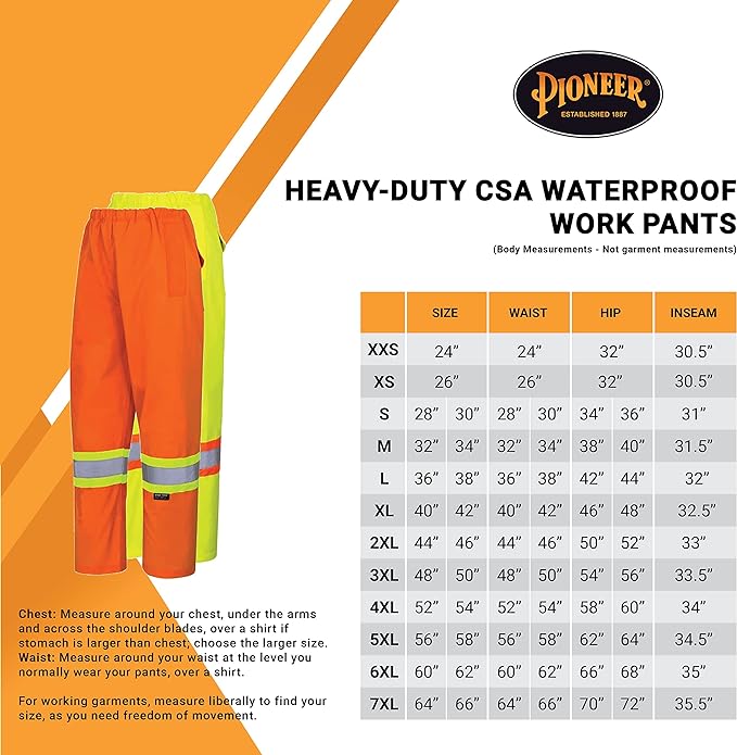 Pioneer Heavy-Duty CSA Waterproof Work Pants, Elastic Waist, Hi Vis and Reflective Stripe, Yellow-Green, 2XL, V1110360-2XL