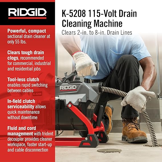 Ridgid 61693 K-5208, 115V 60Hz Drain Cleaner Machine with Guide Hose, 4 C-11 Cables, Sectional Cable Carrier, and Toolbox (w/Cutters) Kit