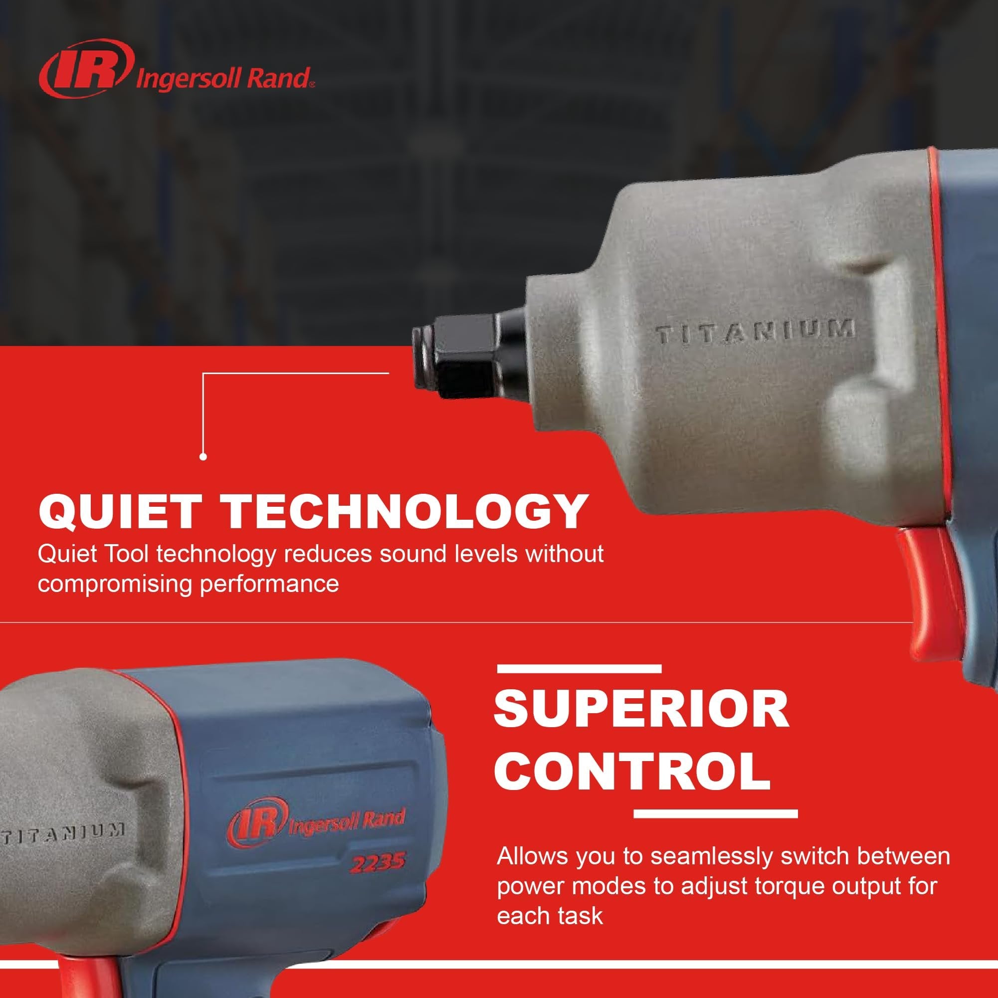 Ingersoll Rand 2235QTiMAX 1/2 Drive Air Impact Wrench - Quiet Technology, 1,300 ft-lbs Powerful Torque Output, Lightweight, Titanium Hammer Case, Gray