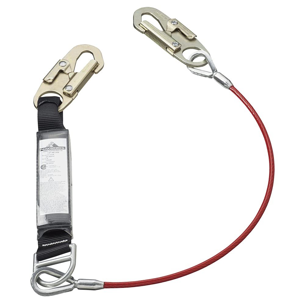 PeakWorks CSA 4' (1.2 m) Shock Pack - Snap Hooks - Single Leg - E4 Shock Absorbing Fall Arrest Lanyard Connector, 1/4" Galvanized Cable, V8108104