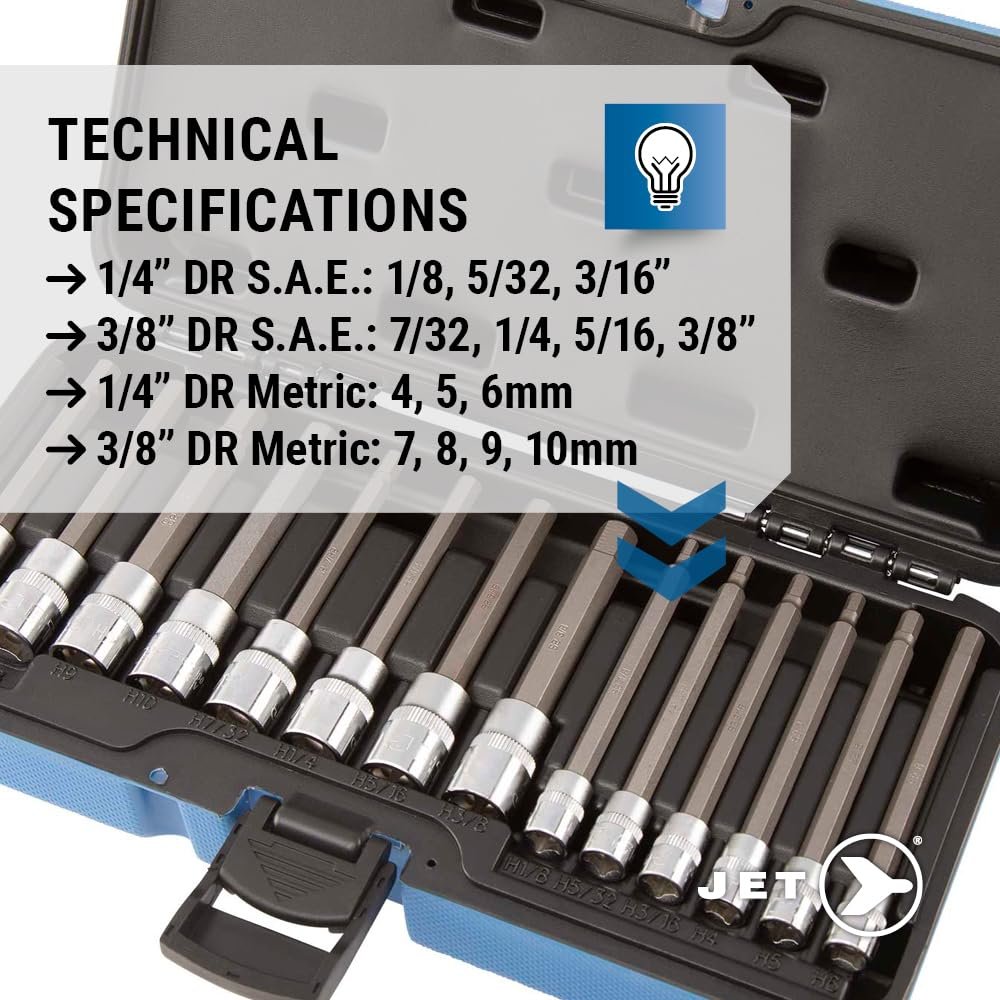 Jet 601808-14-Piece 3/8-inch Drive SAE/Metric Long Ball Hex Bit Socket Set