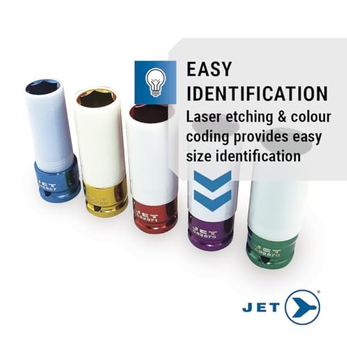 Jet 610341, entraînement 1/2 pouce, jeu de 5 douilles à chocs professionnelles SAE/métriques profondes pour roue magnétique