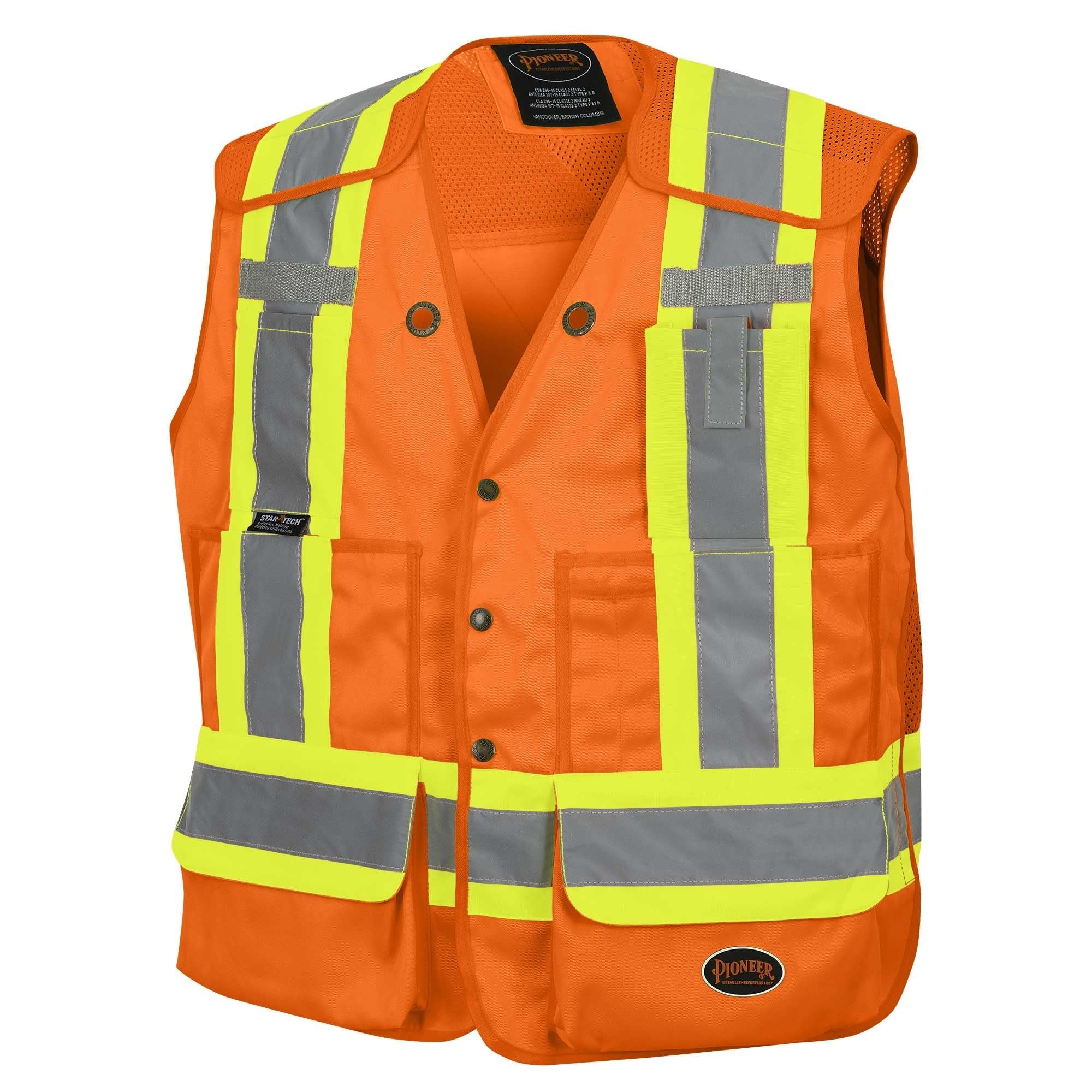 Pioneer High Visibility 5 Point Tear-Away Surveyor Safety Vest, Extra-Long Back, Yellow-Green