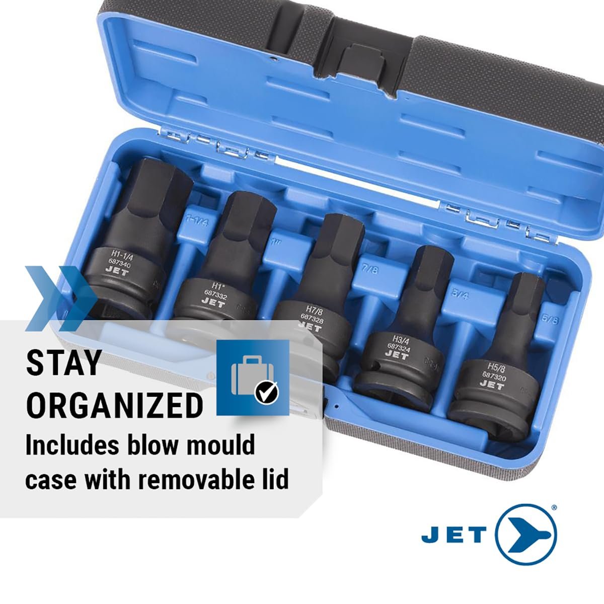 Jet 610411, entraînement 3/4", jeu de 5 douilles à chocs professionnelles SAE 3" à embout hexagonal, 5 pièces