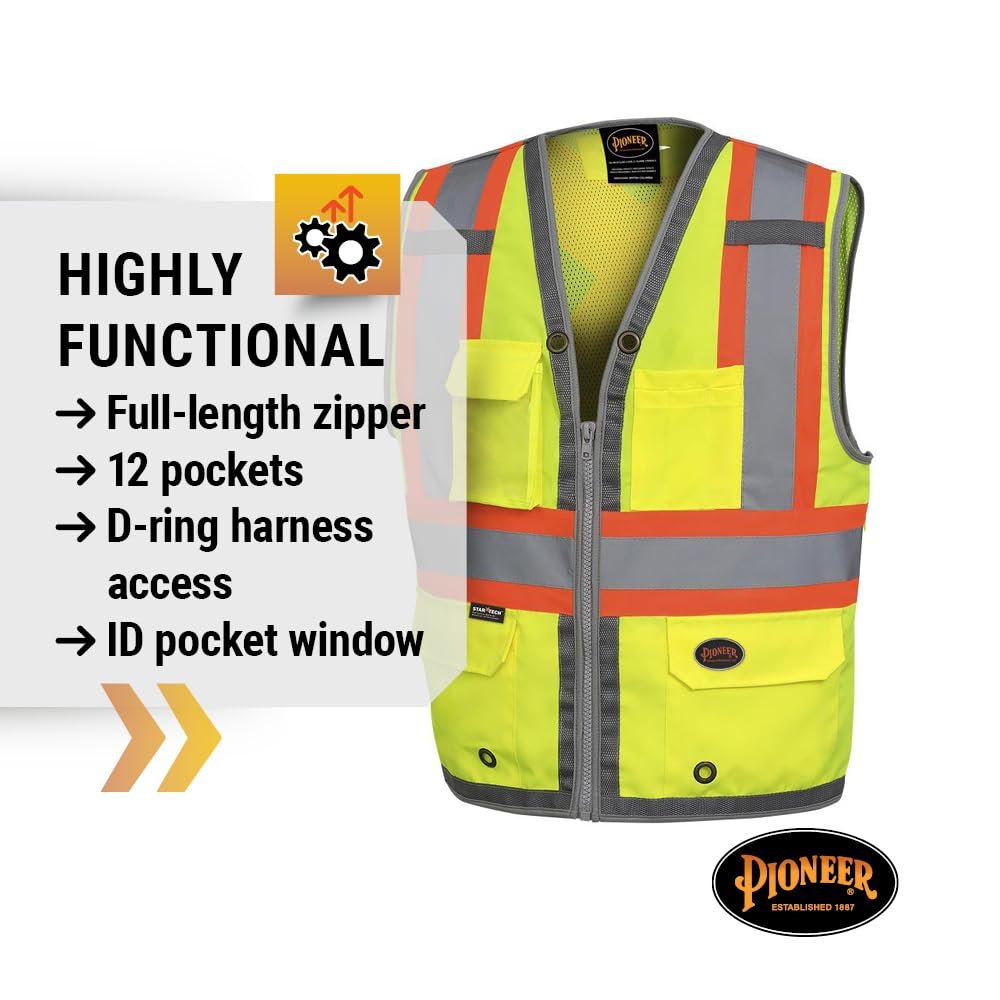 Pioneer High Visibility Surveyor Safety Vest, Mesh Back - Front Zipper, Yellow-Green