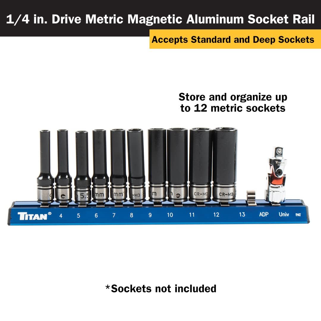 Titan 36098 Riel de casquillo de aluminio magnético Dr. Metric de 1/4 pulgadas