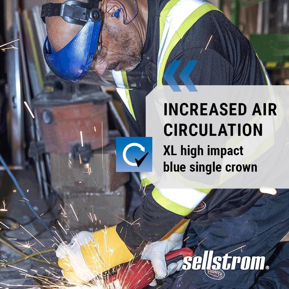 Sellstrom 39140 Couronne en plastique bleu et écran facial de protection antibuée transparent avec couvre-chef à cliquet