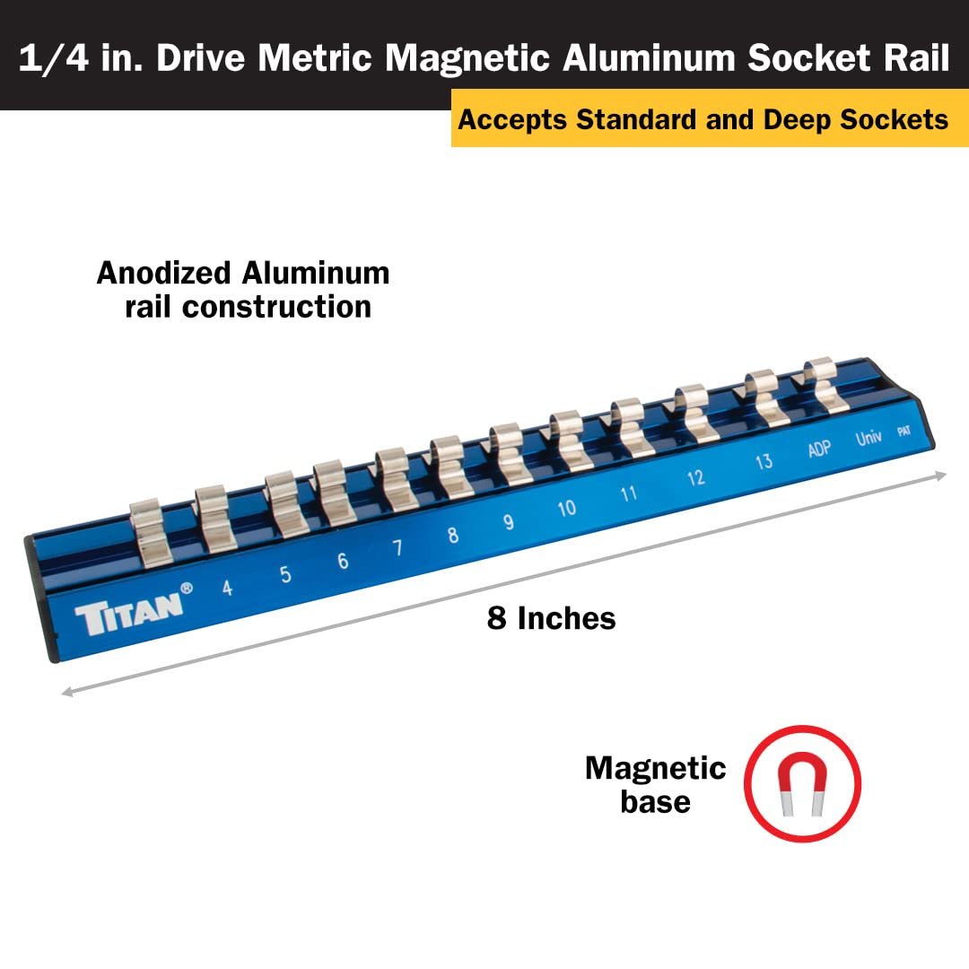 Titan 36098 Riel de casquillo de aluminio magnético Dr. Metric de 1/4 pulgadas