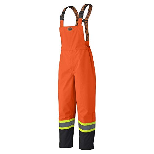 Pioneer V1200450-S Heavy-Duty Bib Work Pants - 100% Waterproof, Zippered Inside Pocket, Men, Hi-Vis Orange, S - Clothing - Proindustrialequipment