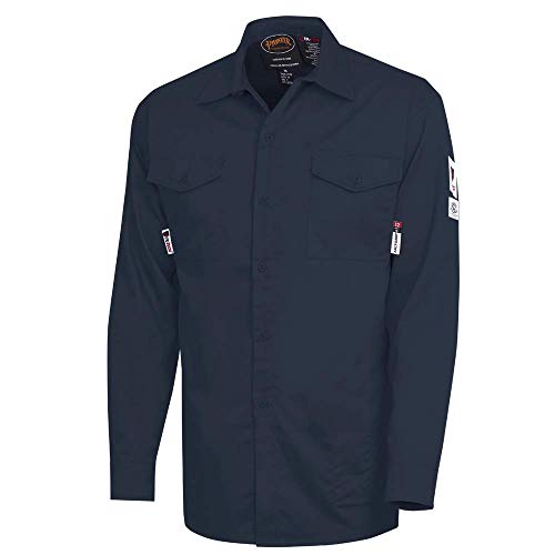 Pioneer Flame Resistant Adjustable Wrist Button-Down Safety Shirt, Cotton-Nylon Blend, Navy Blue, XL, V2540440-XL - Proindustrialequipment