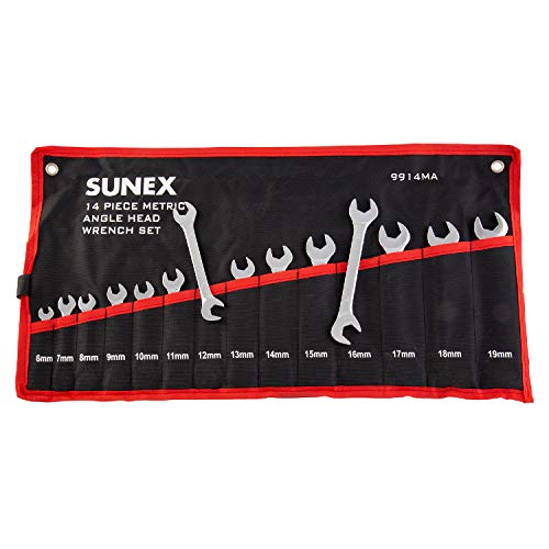 Sunex 9914MA Jeu de clés à tête coudée métrique, 9 mm - 19 mm, entièrement polies, 14 pièces (étui roulant inclus)