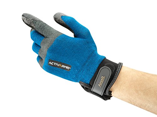 Ansell ActivArmr 97-003 Guantes para trabajadores pesados ​​con revestimiento de nitrilo, resistentes a cortes, puños con gancho y bucle, extragrandes, azul/negro (1 par)