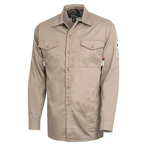 Pioneer Flame Resistant Adjustable Wrist Button-Down Safety Shirt, Cotton-Nylon Blend, Khaki, L, V2540430-L - Clothing - Proindustrialequipment