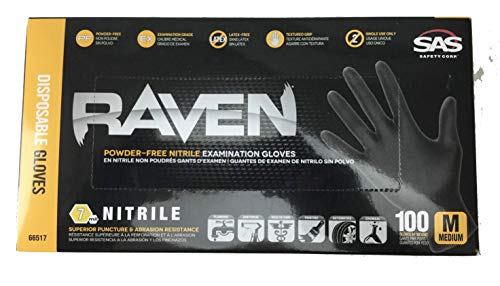 SAS Safety 66517 Raven Powder-Free Disposable Black Nitrile 6 Mil Gloves, Med...