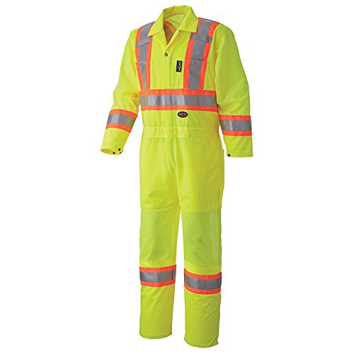 Pioneer CSA 28" Leg Zipper with Mesh Ventilation Panel High Visibility Traffic Coverall, 7-Pocket and Radio Clip Strap, Yellow/Green, L, V1070161-L - Clothing - Proindustrialequipment