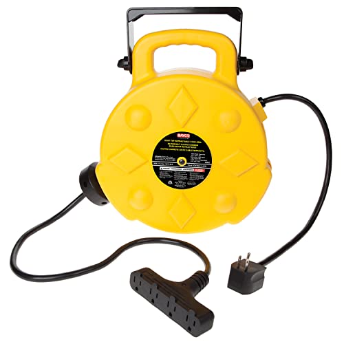 Bayco SL-8904 Professional 15 Amp Retractable Cord Reel, 50-Foot, 4 Outlets, Yellow - Proindustrialequipment