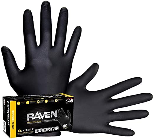 SAS Safety 66518 Raven Gants jetables en nitrile noir sans poudre 6 mil, taille L, 100 gants par poids