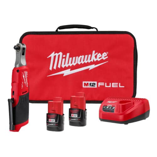 Milwaukee M12 FUEL Kit de trinquete de 3/8 pulgadas, inalámbrico, de iones de litio, de 12 voltios, sin escobillas, de alta velocidad, con (2) baterías, cargador y bolsa