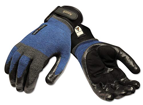 Ansell ActivArmr 97-003 Nitrile Coated Heavy Laborer Gloves, Cut Resistant, Adjustable Cuff, Large, Blue/Black (1 Pair) - Proindustrialequipment