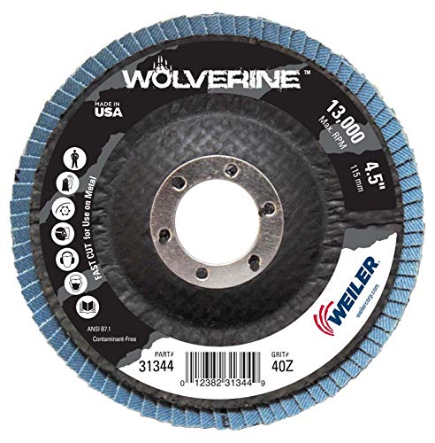 Weiler 31344 Wolverine Disque à lamelles abrasif pour trou d'arbre 4-1/2" x 7/8", alumine zircone grain 40, biseau type 29, support phénolique, densité standard, fabriqué aux États-Unis (lot de 1)