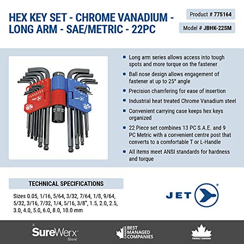 Jet 775164-22-Piece S.A.E./Metric Ball Nose Hex Key Set - Screw Drivers and Sets - Proindustrialequipment