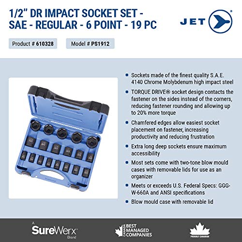 Jet 1/2-inch Drive, 19-Piece Regular SAE Professional Impact Socket Set, 6 Point, 610328 - Sockets and Tools Set - Proindustrialequipment