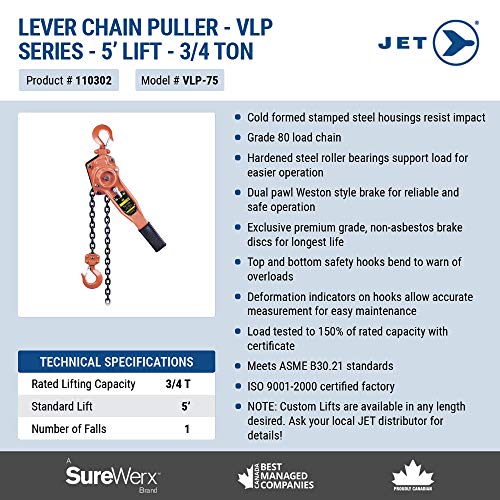 JET 110302 - 3/4 Ton 5-Feet Lift Vlp Series Lever Chain Hoist - Manual Hoist - Proindustrialequipment