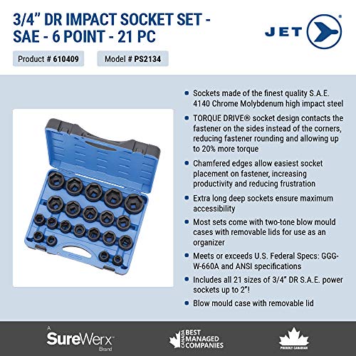 Jet 3/4-inch Drive, 21-Piece Regular SAE Professional Impact Socket Set, 6 Point, 610409 - Sockets and Tools Set - Proindustrialequipment