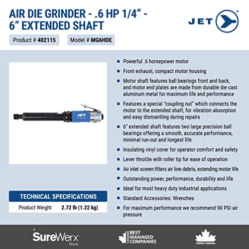 JET 402115 - .6 HP 1/4" 6" Extended Air Die Grinder - Heavy Duty - Grinders - Proindustrialequipment