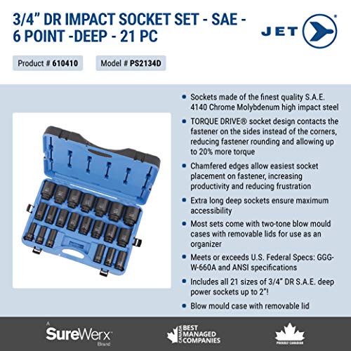 Jet 3/4-inch Drive, 21-Piece Regular SAE Professional Impact Socket Set, 6 Point, 610410 - Sockets and Tools Set - Proindustrialequipment