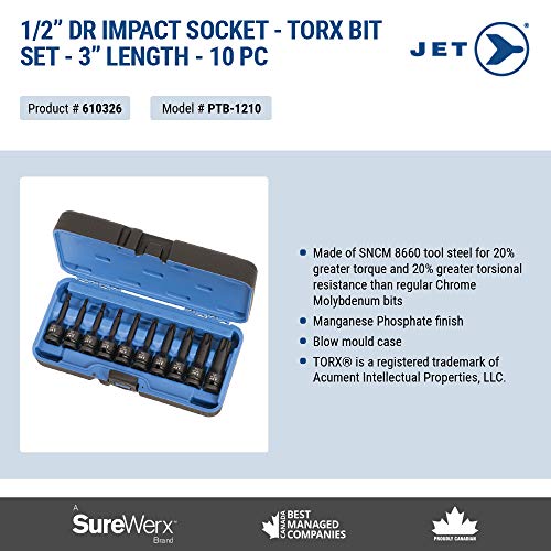 Jet 1/2-inch Drive, 10-Piece Regular Professional TORX Bit Impact Socket Set, 610326 - Sockets and Tools Set - Proindustrialequipment