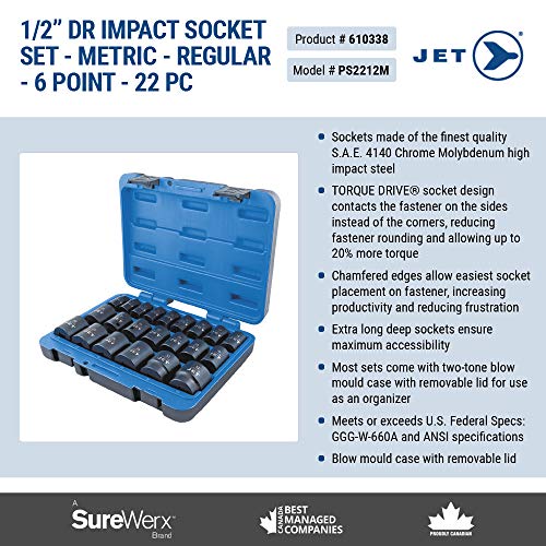 Jet 1/2-inch Drive, 22-Piece Regular Metric Professional Impact Socket Set, 6 Point, 610338 - Sockets and Tools Set - Proindustrialequipment