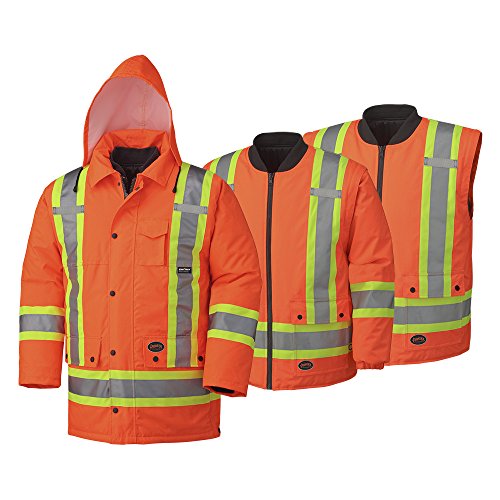 Pioneer V1120150-4XL Hi-Viz Waterproof 6-in-1 Safety Parka Jacket, 2 Large Cargo Pockets, Orange, 4XL - Clothing - Proindustrialequipment