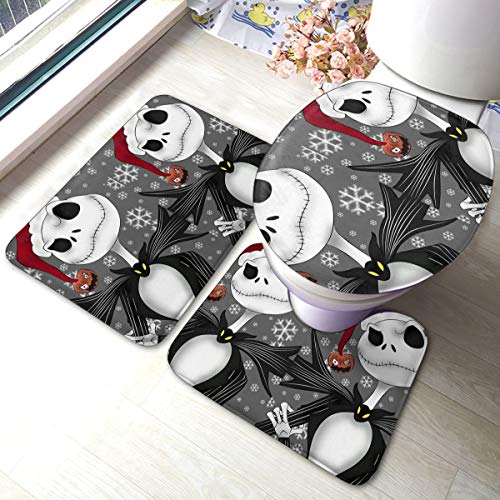 L'Étrange Noël de Monsieur Jack Tapis de salle de bain 3 pièces Tapis de bain lavables antidérapants, tapis de contour et ensemble de housse d'abattant de WC