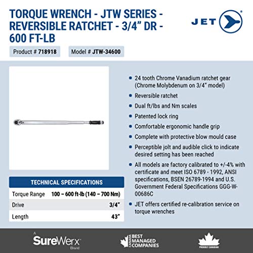 Jet 718918-3/4" Dr 600 Ft/Lbs Torque Wrench - Sockets and Tools Set - Proindustrialequipment