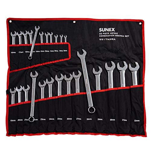 Sunex Tools 9917MPRA Jeu de clés mixtes métriques à rainure en V, 8 mm - 32 mm, entièrement polies, 25 pièces (étui roulant inclus)