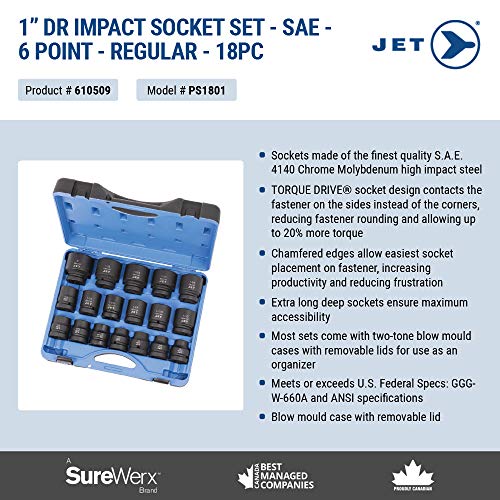 Jet 1-inch Drive, 18-Piece Regular SAE Professional Impact Socket Set, 6 Point, 610509 - Sockets and Tools Set - Proindustrialequipment