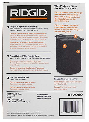 Ridgid VF7000 Genuine Replacement Foam Wet Application Only Vac Filter for Ridgid 5-20 Gallon Wet/Dry Vacuums - Vaccum Bags - Proindustrialequipment